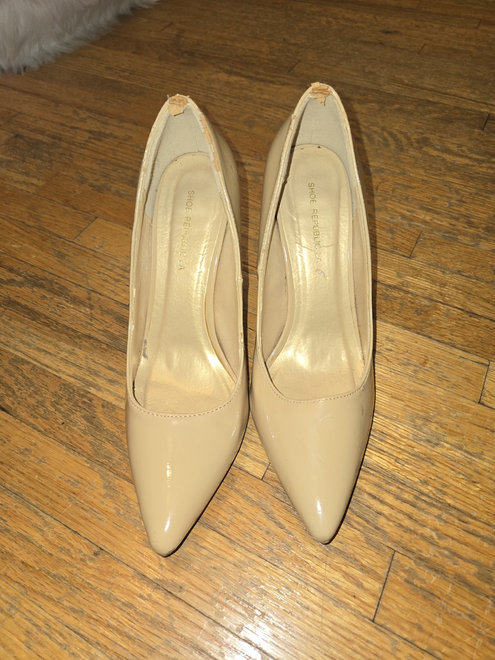 Shoe Republic LA Beige Patent Pointed-Toe Pumps